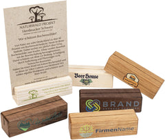 Personalisierter Holz Tischaufsteller / Tischdisplay mit 5C UV Druck 10 x 3 cm