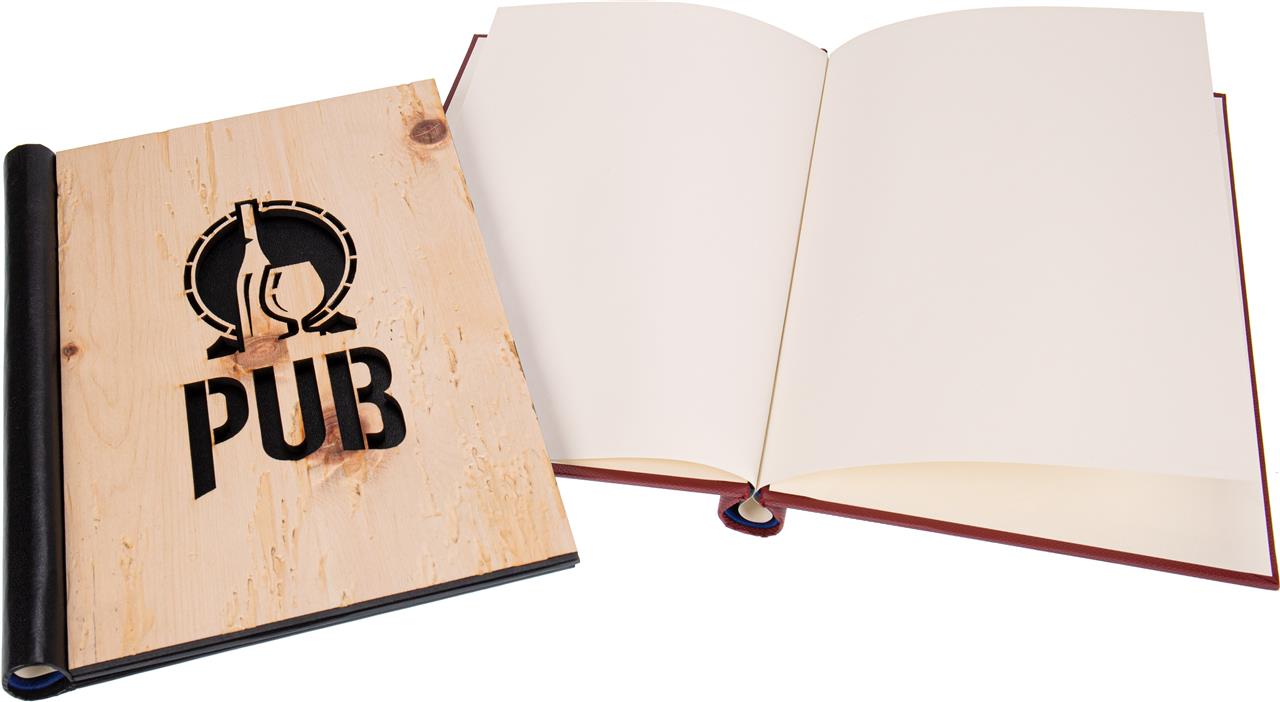 Hochwertige Speisekarte oder Gästebuch aus Holz mit praktischem Klemmbinder