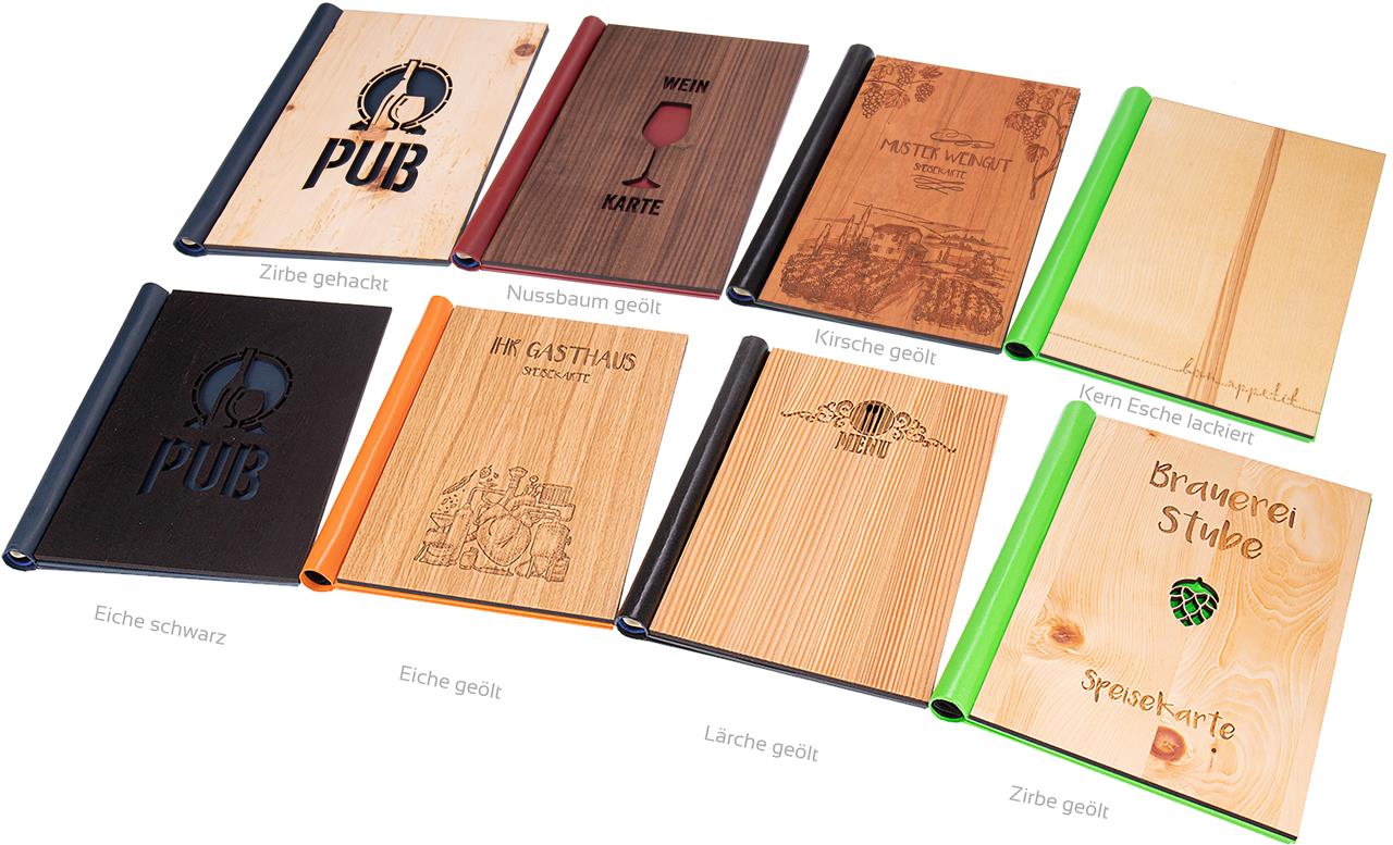 Hochwertige Speisekarte oder Gästebuch aus Holz mit praktischem Klemmbinder