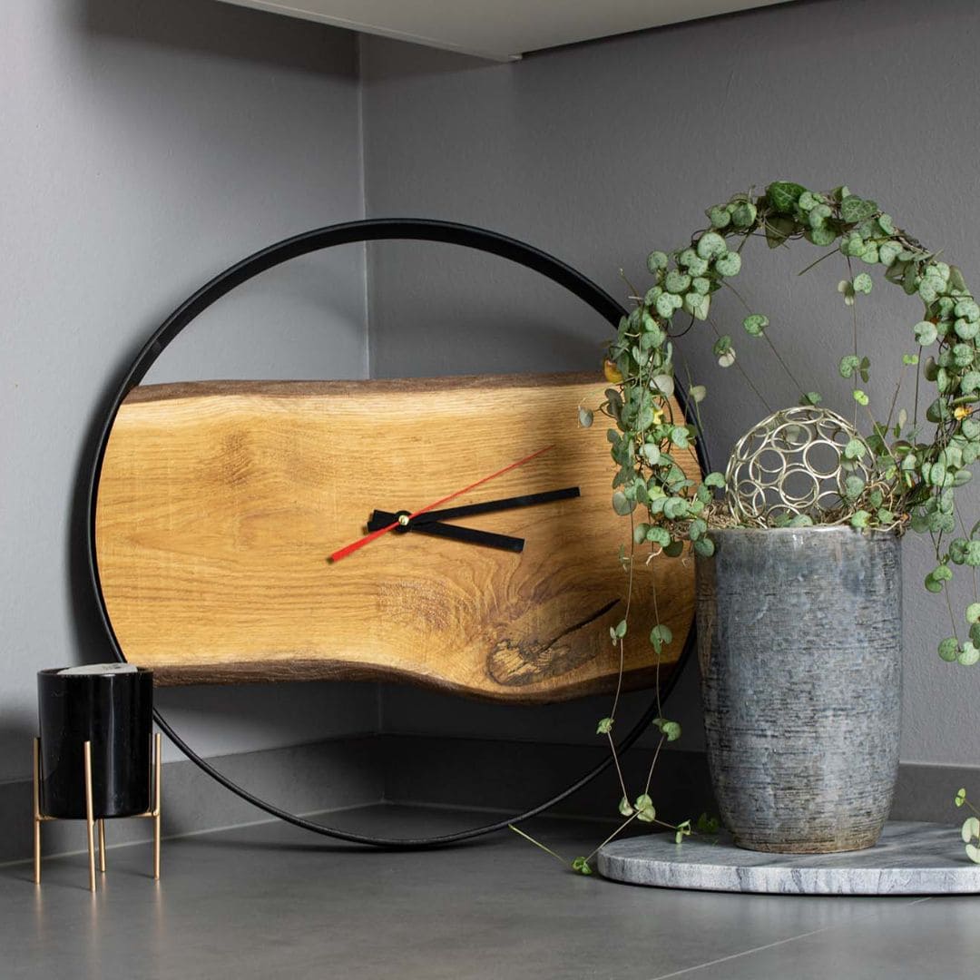 Wall clock with steel frame made of solid oak Ø 43 cm