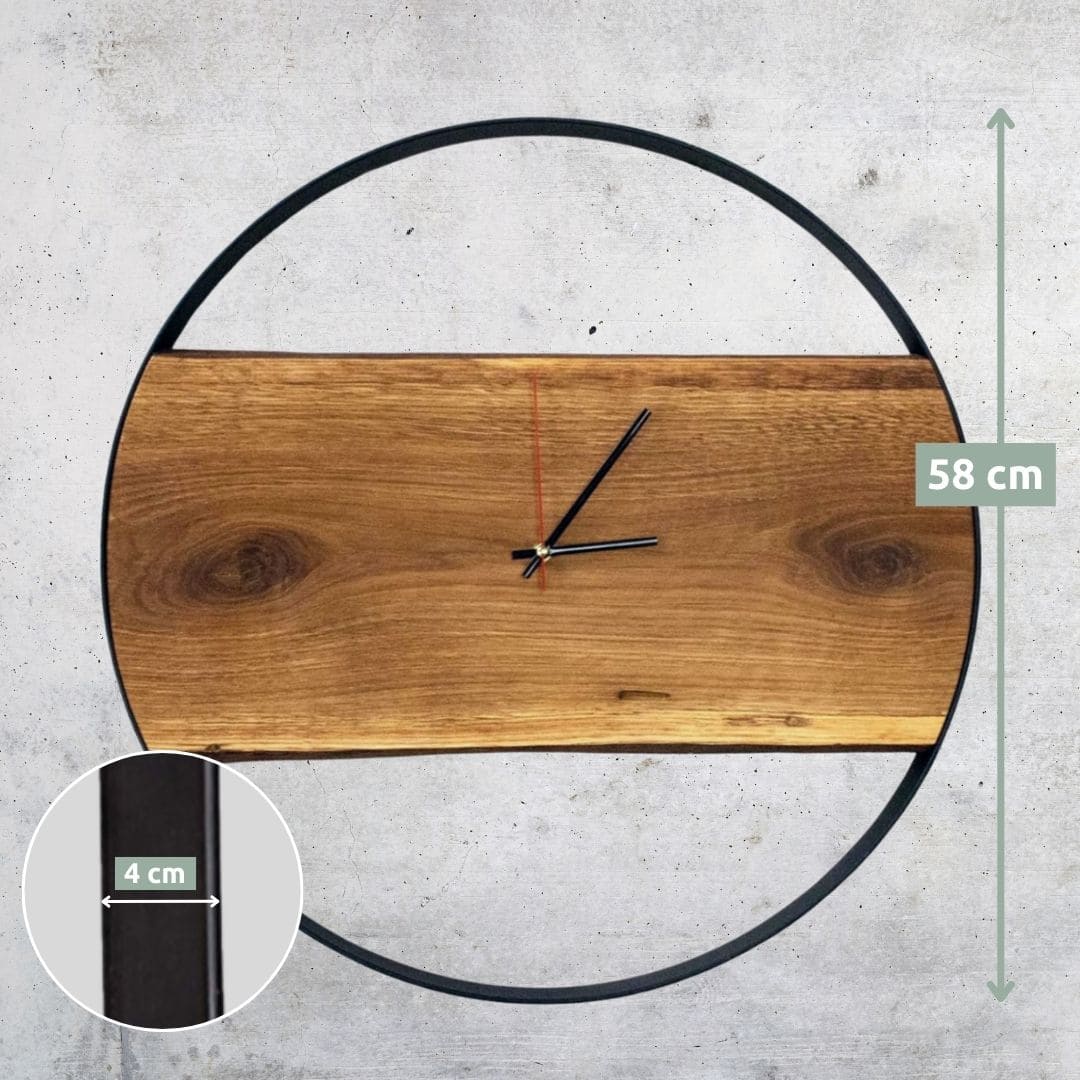 Wall clock with steel frame made of solid oak Ø 43 cm