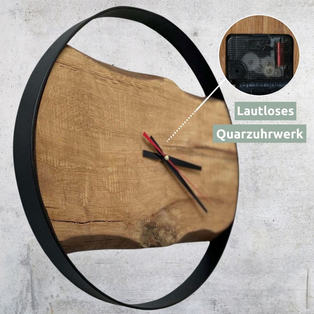 Wall clock with steel frame made of solid oak Ø 43 cm