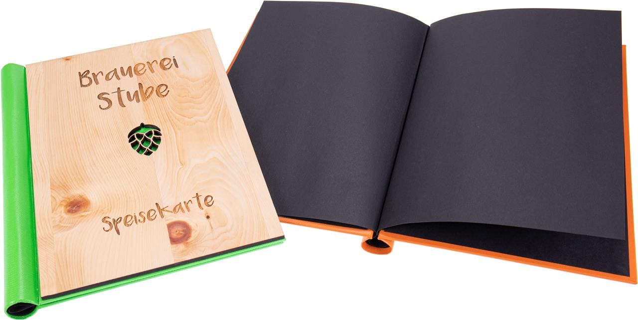 Hochwertige Speisekarte oder Gästebuch aus Holz mit praktischem Klemmbinder
