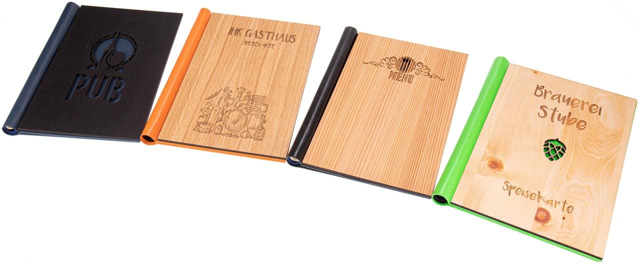 Hochwertige Speisekarte oder Gästebuch aus Holz mit praktischem Klemmbinder
