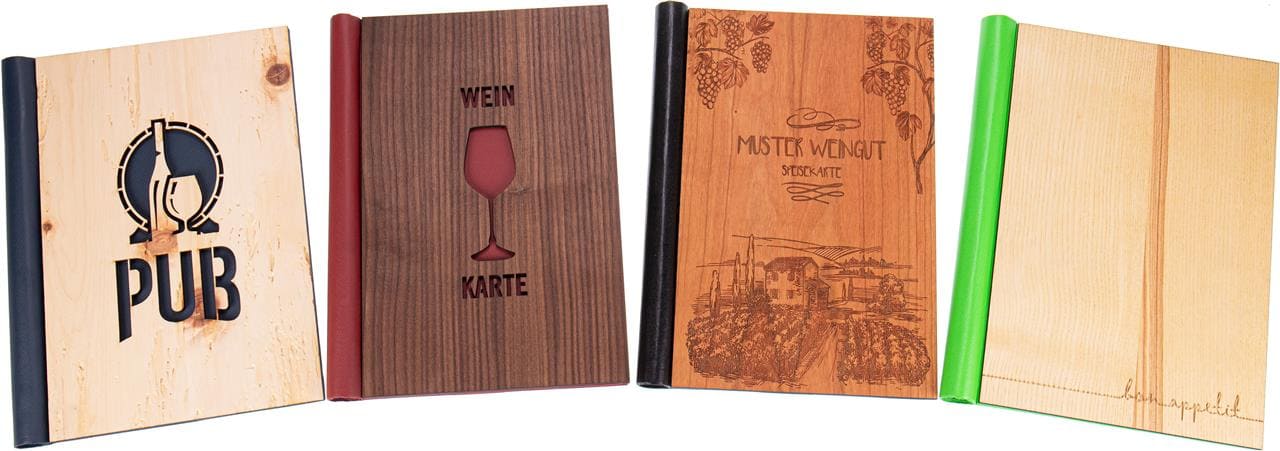 Hochwertige Speisekarte oder Gästebuch aus Holz mit praktischem Klemmbinder