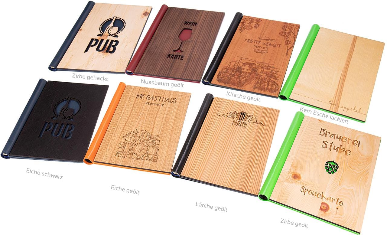 Hochwertige Speisekarte oder Gästebuch aus Holz mit praktischem Klemmbinder