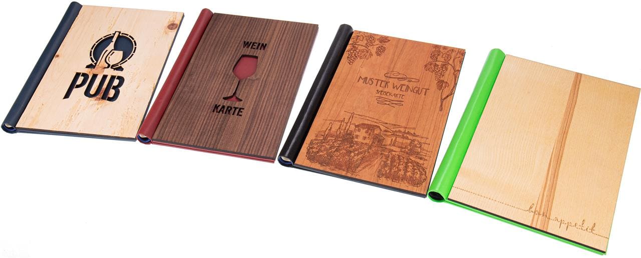 Hochwertige Speisekarte oder Gästebuch aus Holz mit praktischem Klemmbinder